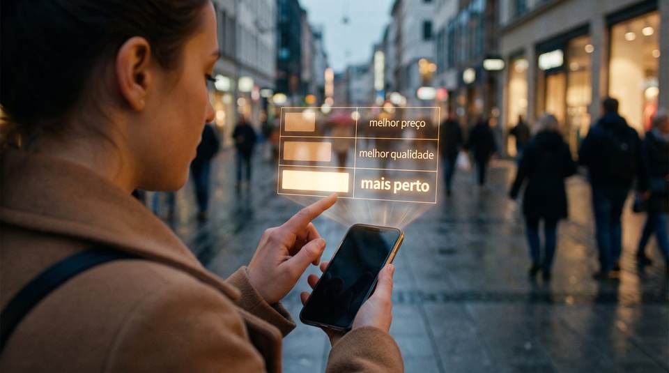 Uma pessoa escolhe entre três ofertas: melhor preço, melhor qualidade, mais perto
