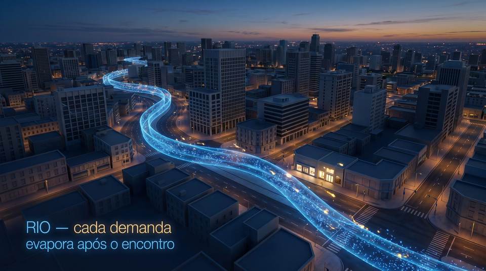 Cidade à noite com um rio de luz passando pelas ruas: cada demanda evapora após o encontro