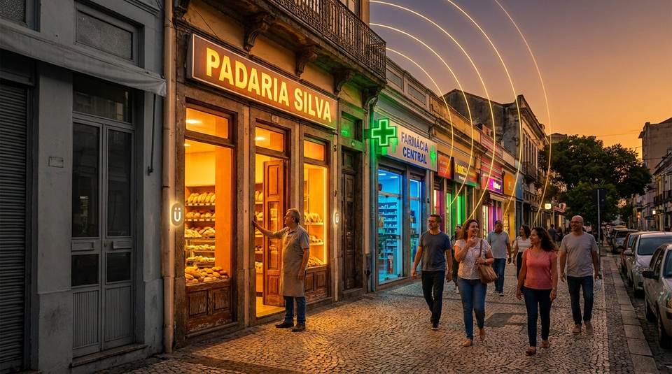 Rua comercial ao entardecer, padaria com o sinal Ü na fachada e pessoas passando